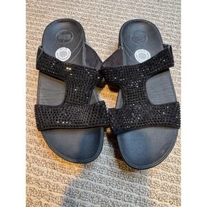 Fitflop Black Suede Crystal Embellished‎ Microwobbleboard Sandals Women US 6